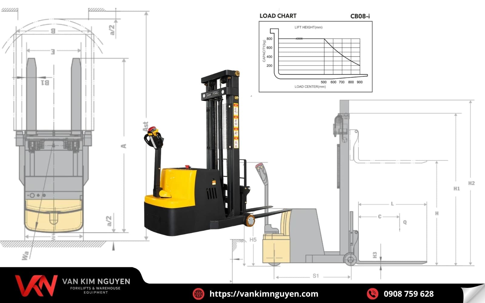  Mua xe nâng điện stacker 800kg chính hãng tại Vạn Kim Nguyên