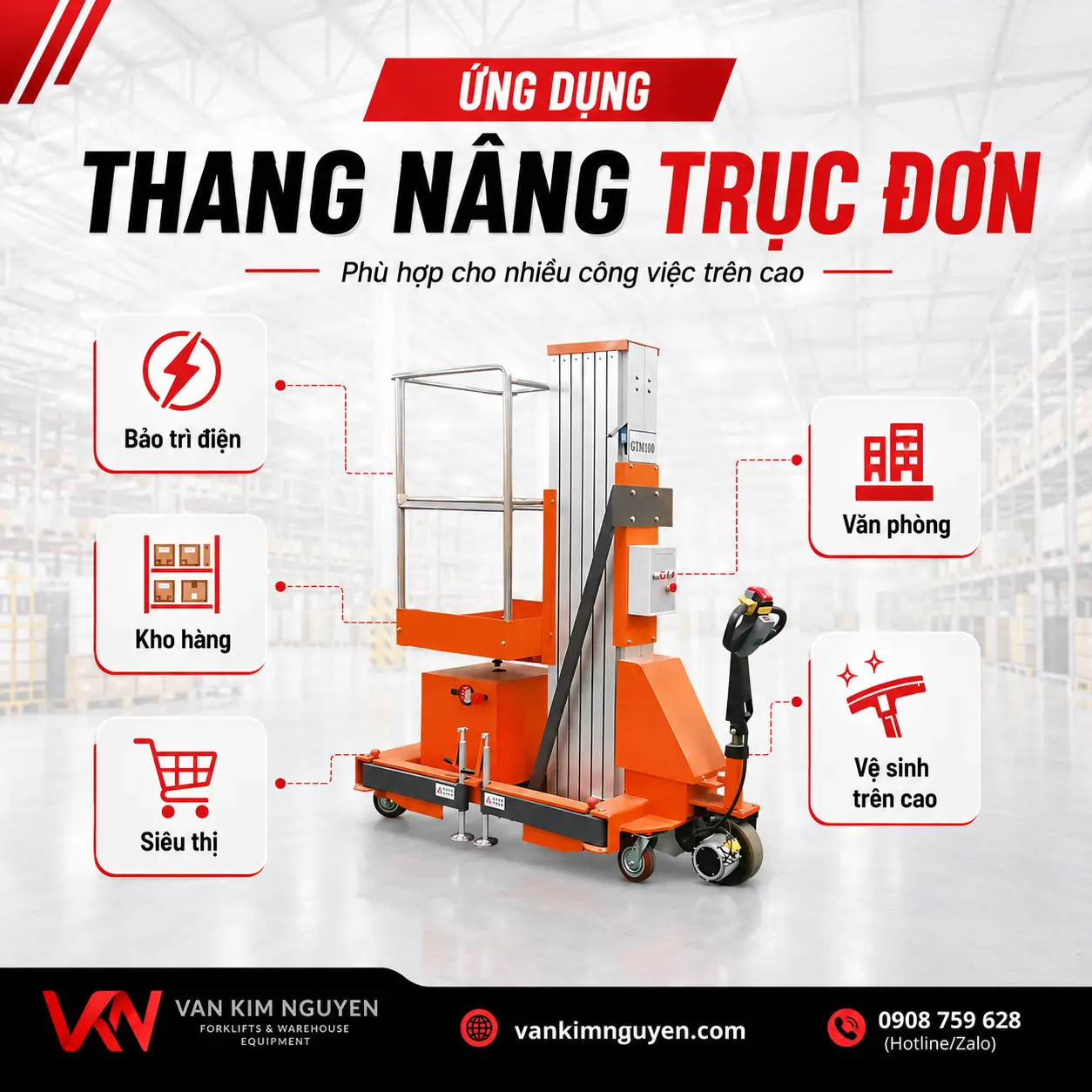 Ứng dụng thực tế của thang nâng người trục đơn