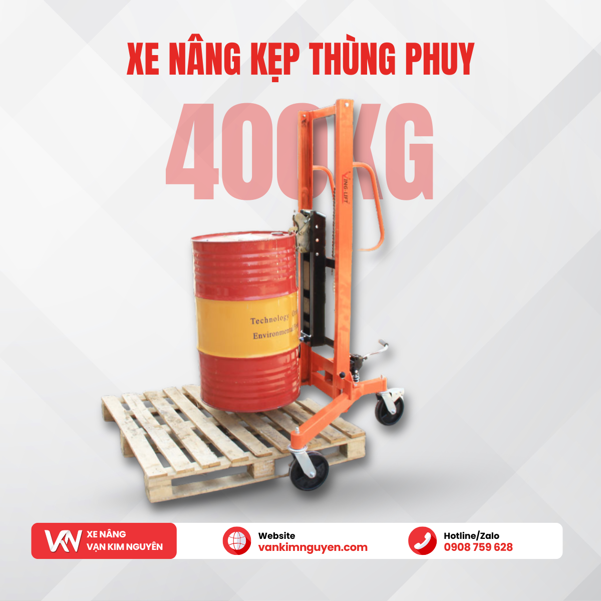 Xe nâng kẹp thùng phuy tay cao